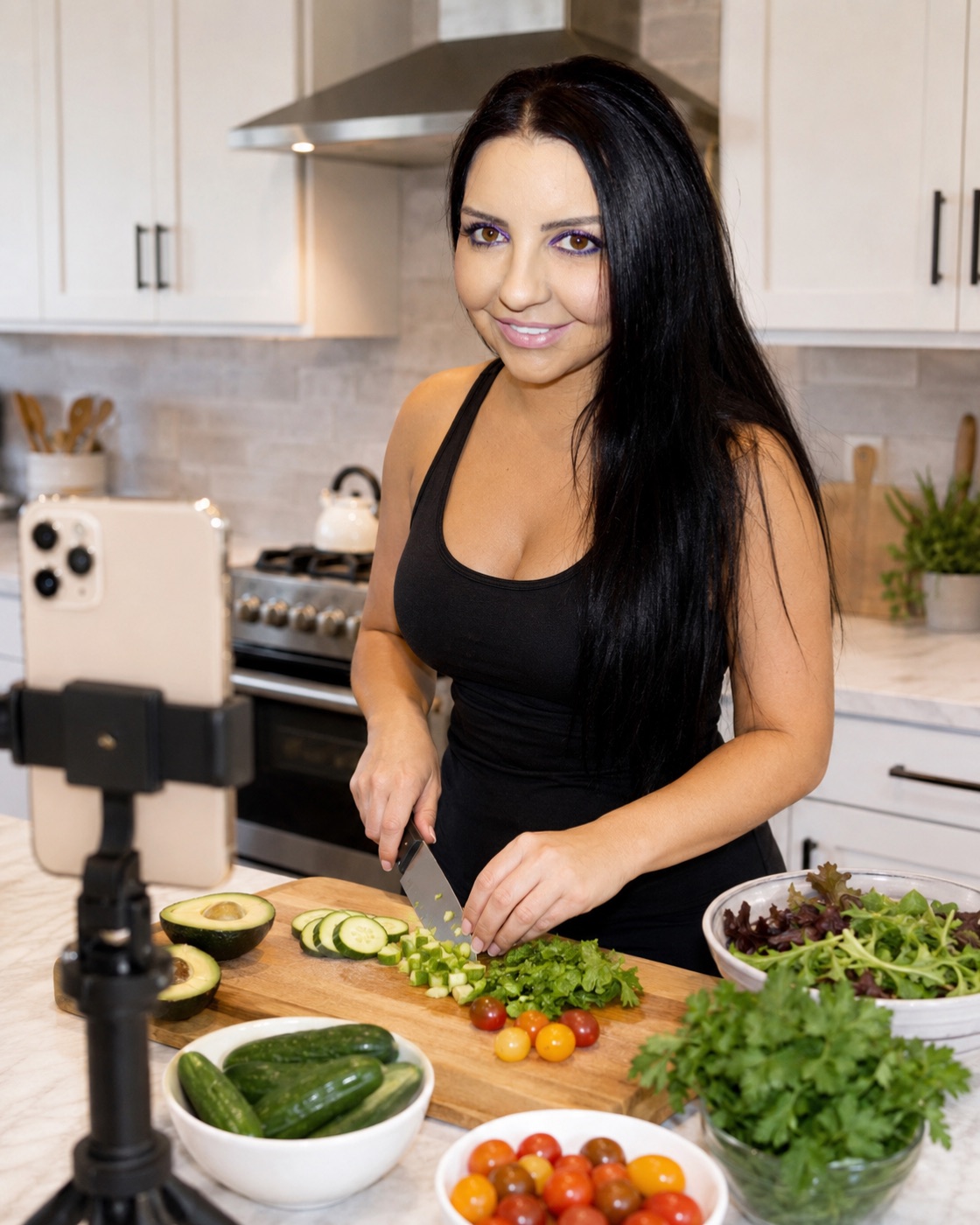 Elaine filming a recipe video in her kitchen
